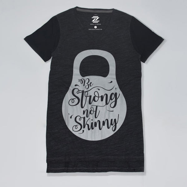 Be Strong Not Skinny Charcoal Women Tee With Black Sleeves