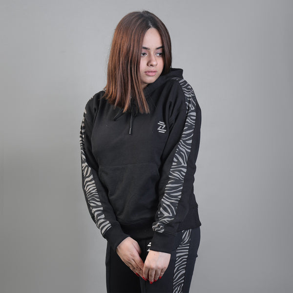 Black Drop Shoulder Hoodie With Grey Stripes Panel