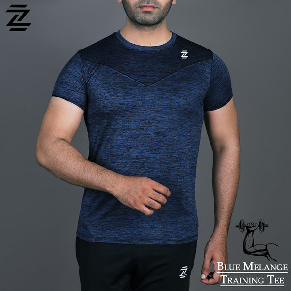 Blue Melange Quick Dry Training Tee With Black V-Piping