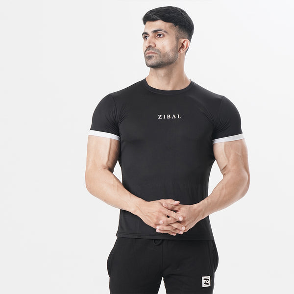 Dynamic Black Workout Men's Tee with White Hem