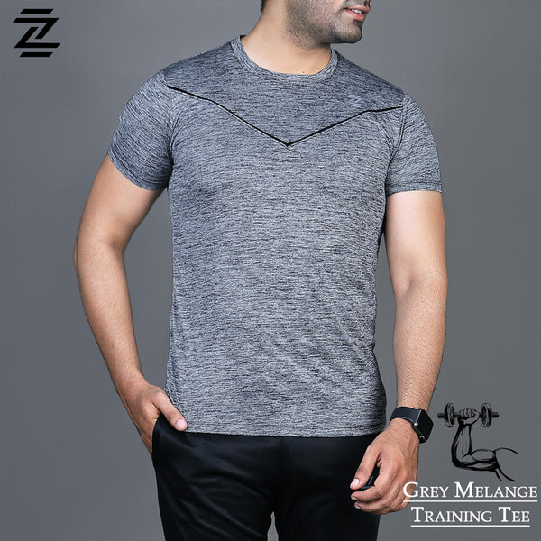 Grey Melange Quick Dry Training Tee With Black V-Piping