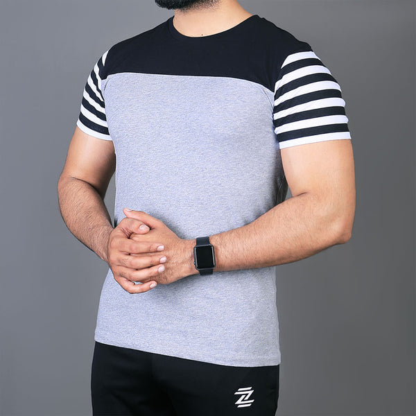 Grey and Black Tee with Striped Sleeves