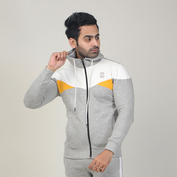 Heather Grey Hoodie With White and Yellow Panels