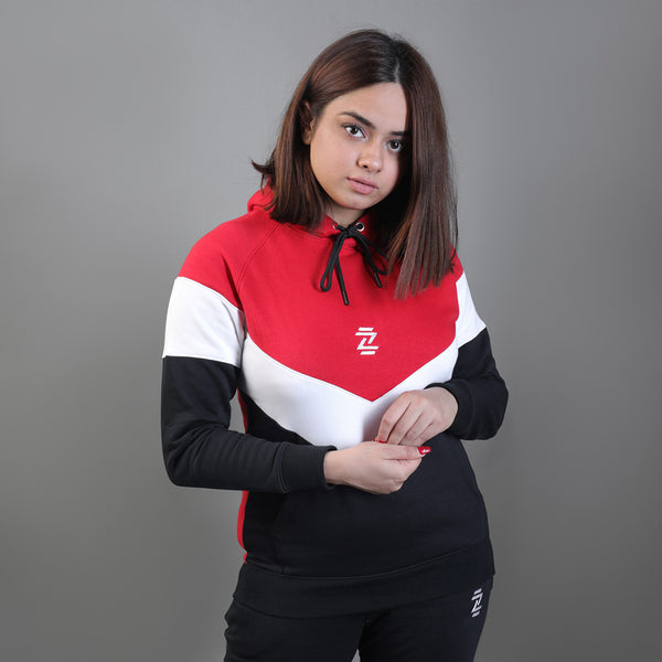 Red And Black Fleece Hoodie with White V-Panel