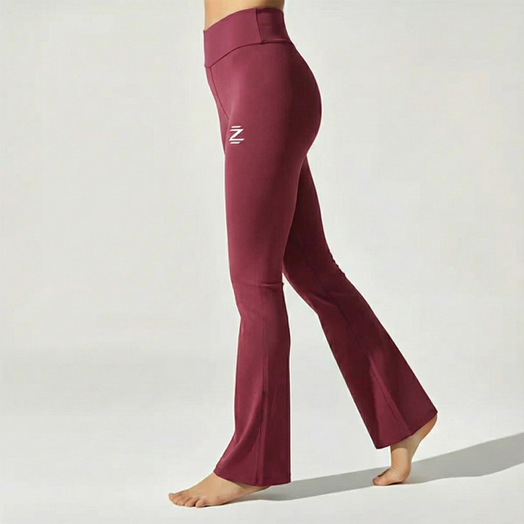 Maroon leggings with a logo on a white background