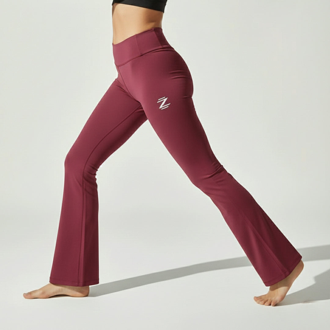 Maroon leggings with a logo on a white background