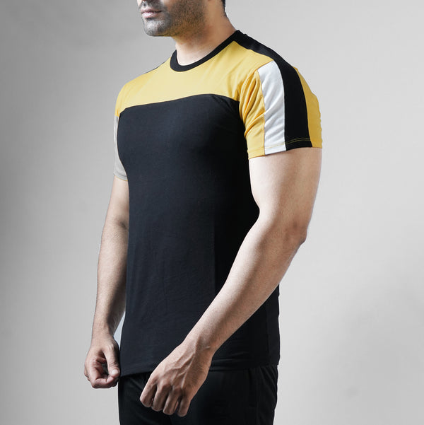 Yellow and Black Lycra Tee with White sleeve Panels