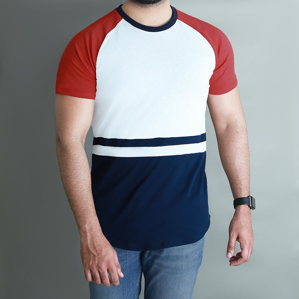 White and Blue Stripe Tee with Red Sleeves