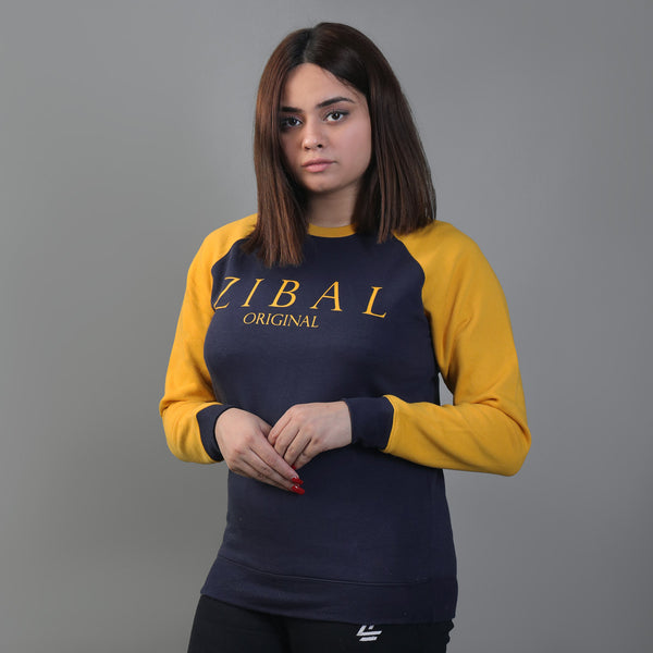 Zibal Navy Women Sweat Shirt with Yellow Sleeves